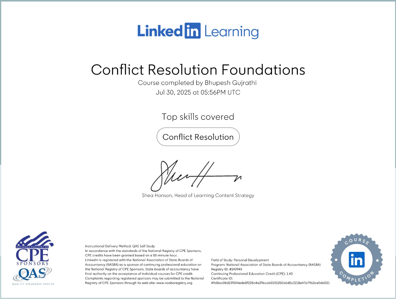 Conflict Resolution Foundations certificate issued by NASBA