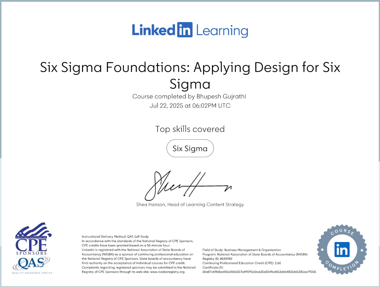 Six Sigma Foundations: Applying Design for Six Sigma certificate issued by NASBA