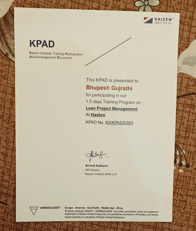 Lean Project Management certificate issued by Kaizen Global Institute