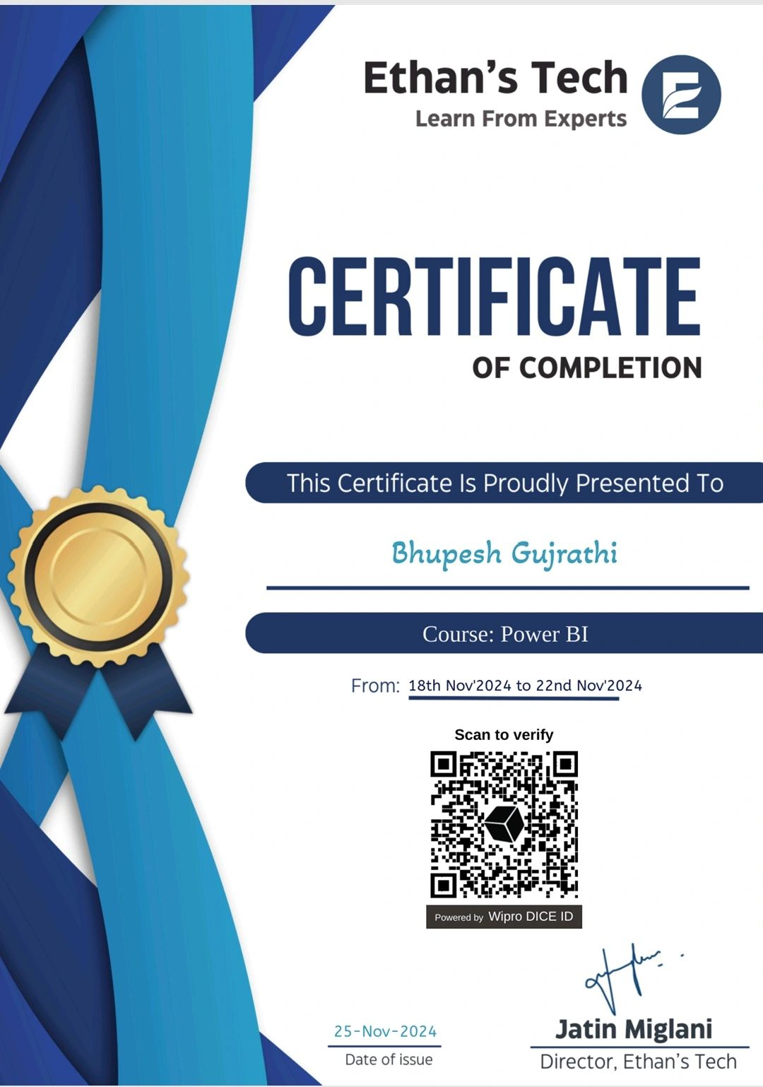 Power BI certificate issued by Ethans Tech LLP