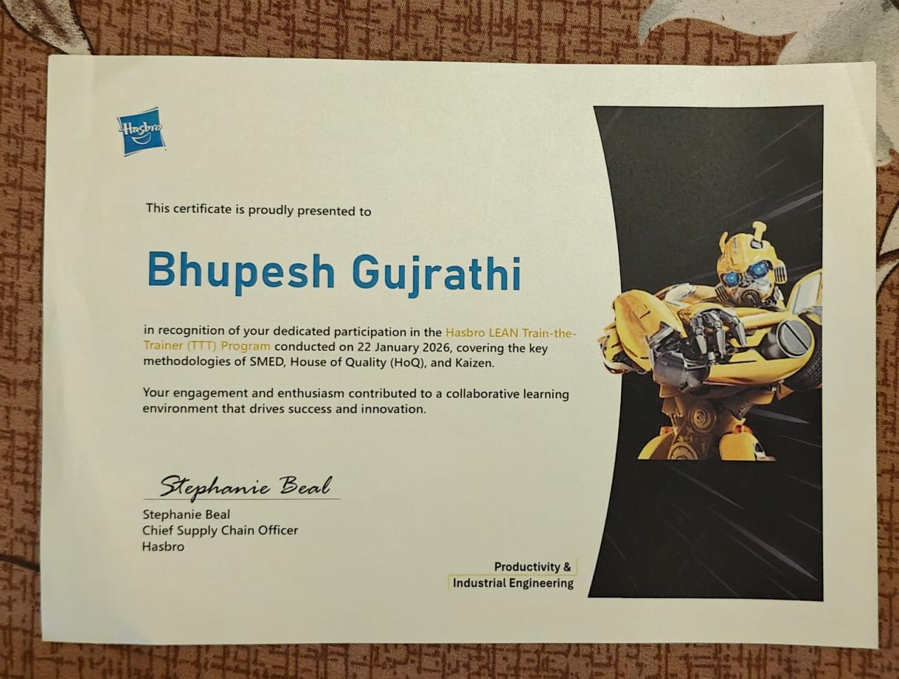 Lean — Train The Trainer Program (TTT) certificate issued by Hasbro India